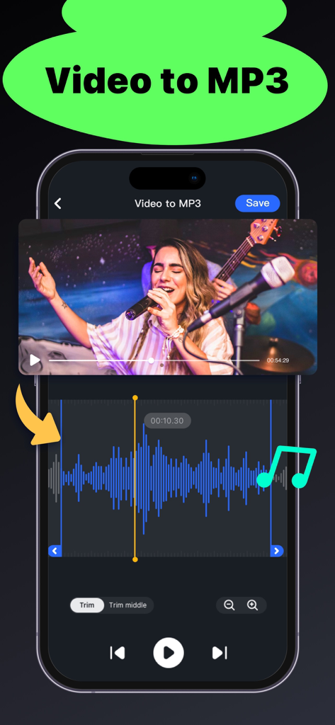 Interface of Music Editor app showing video to MP3 extraction with audio waveform trimmer