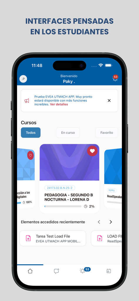 EVEA UTMACH - EVEA UTMACH app interface showing student courses and academic dashboard