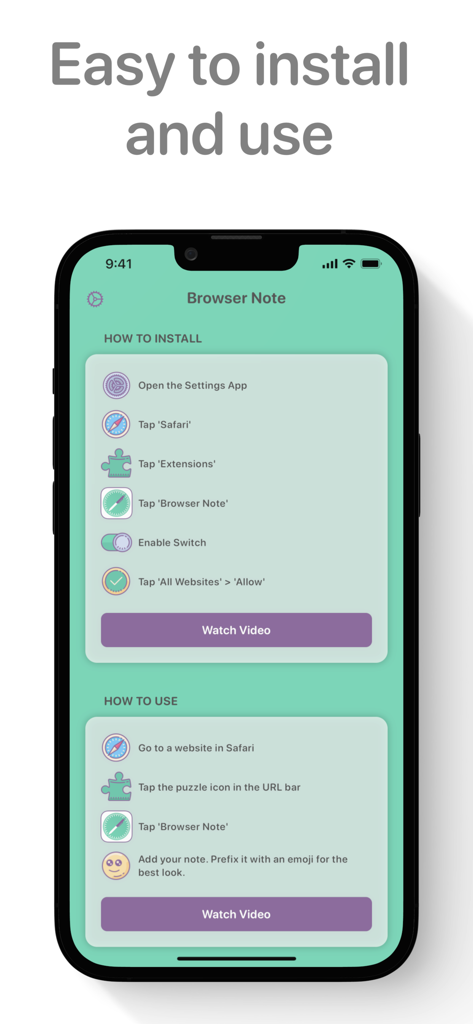 Step-by-step instructions for installing and using the Browser Note Safari extension on iPhone