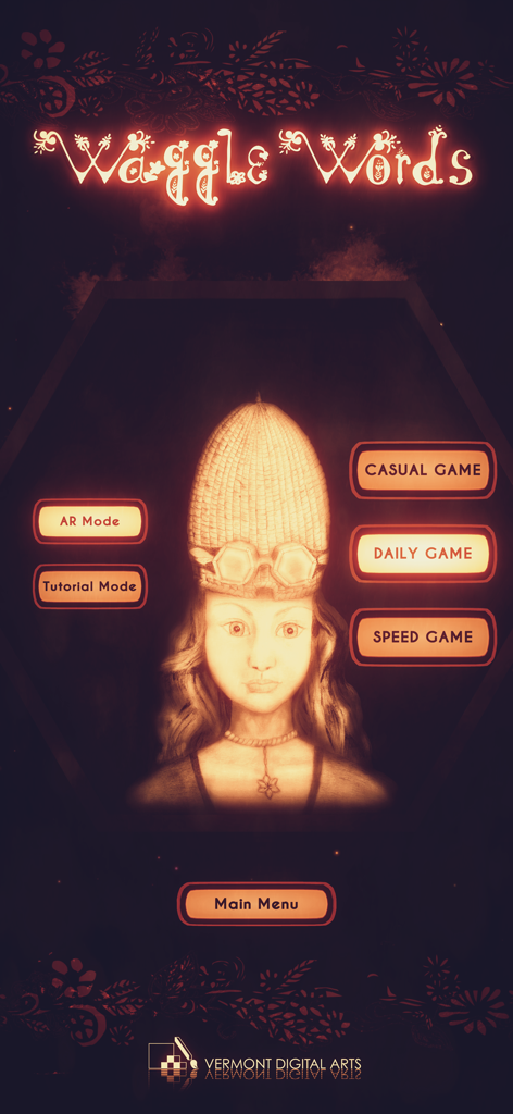 Main menu of the Waggle Words app showing game modes like Casual Daily and Speed Game with stylized character art.