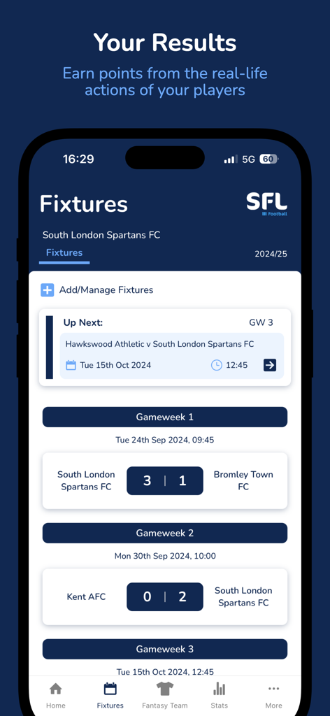 SFL Soccer - SFL Soccer App-Oberfläche, die Spielpläne und Spielergebnisse für Amateurvereine anzeigt