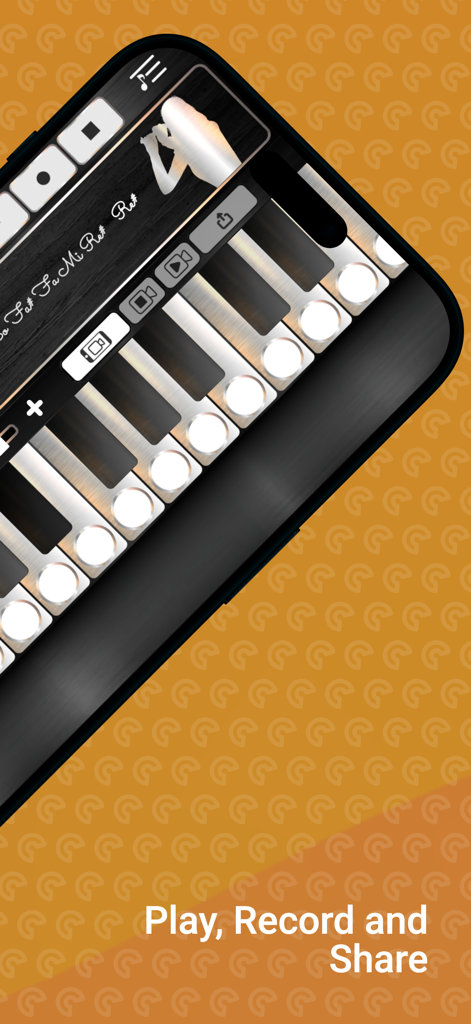 Piccolo Sim - Piccolo Sim App-Oberfläche mit musikalischen Tasten und Aufnahme-Steuerelementen mit der Beschriftung Play Record and Share