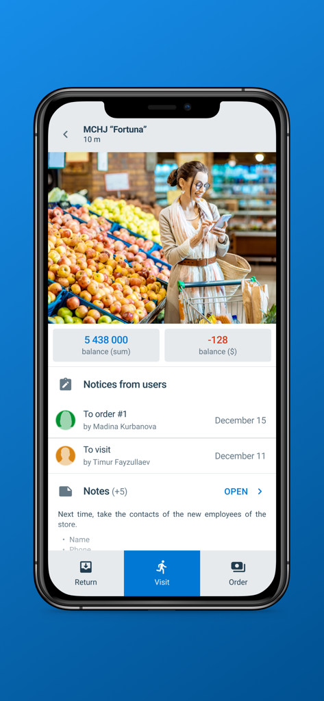 Pantalla de la aplicación móvil para Smartup ERP que muestra saldos de tienda y avisos de visita para una ubicación minorista.