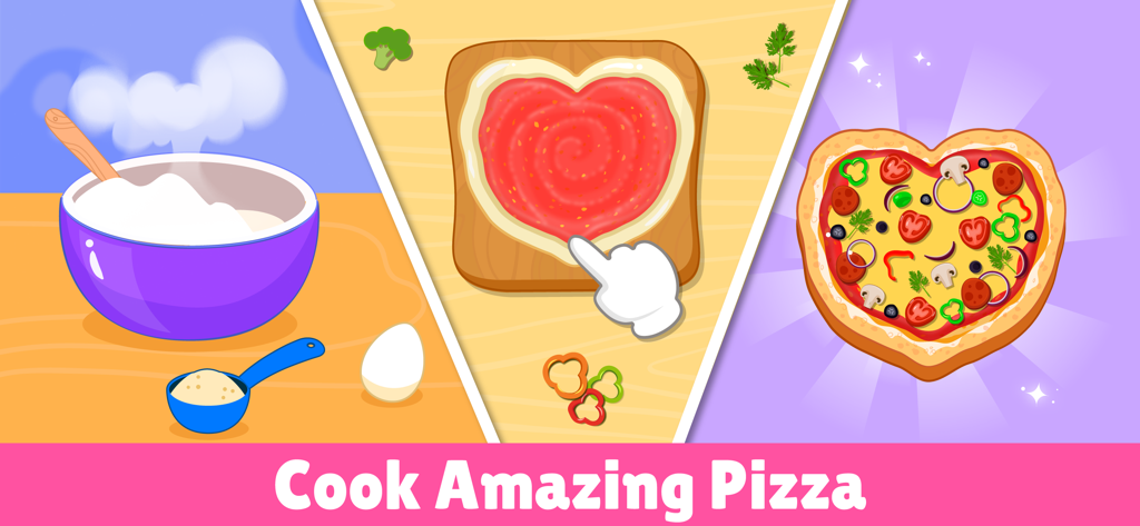 Pizza Maker Kids Cooking Games - A cartoon illustration showing three steps of cooking a heart shaped pizza from mixing ingredients to adding toppings