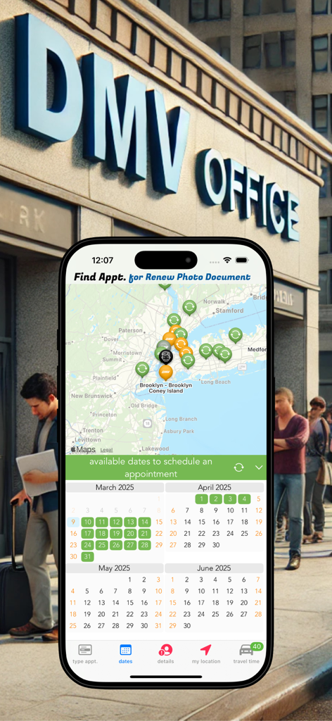 DMV NY Appointment - Mobile app interface for finding DMV appointments in New York showing an availability calendar and map.