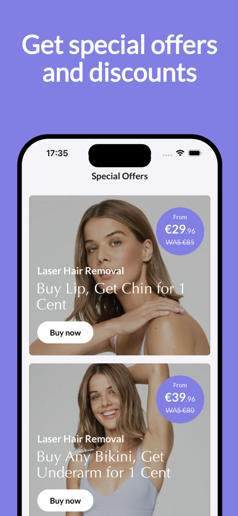 Therapie Clinic app screen showing promotional discounts and special offers for laser hair removal treatments.