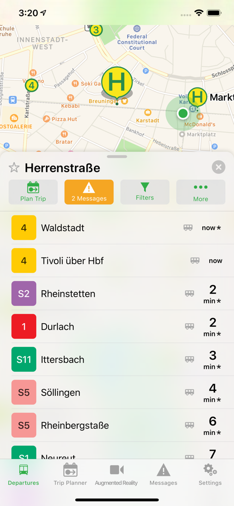 Una captura de pantalla de la aplicación Departures Live que muestra un horario de tránsito en tiempo real y un mapa de la parada Herrenstraße.