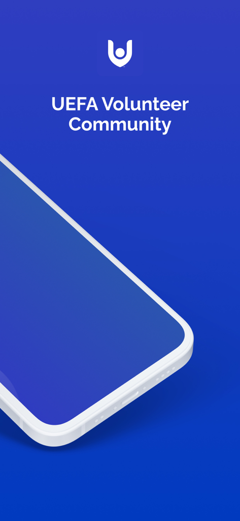 UEFA Volunteers - UEFA Volunteer Community app intro screen featuring the logo and a smartphone graphic on a blue background