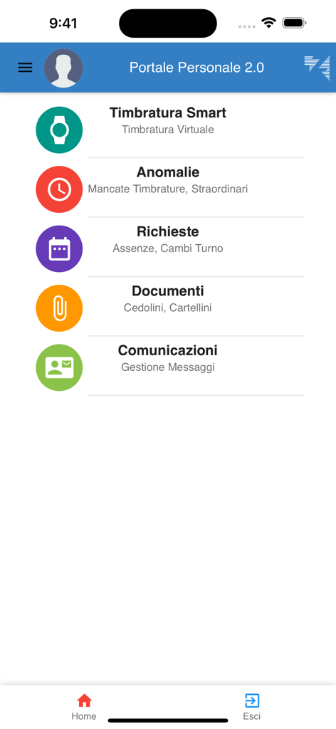Portale Personale 2.0 - La schermata principale dell'app Portale Personale 2.0 che mostra un menu con opzioni per timbrare l'entrata, gestire anomalie, inviare richieste e visualizzare documenti.