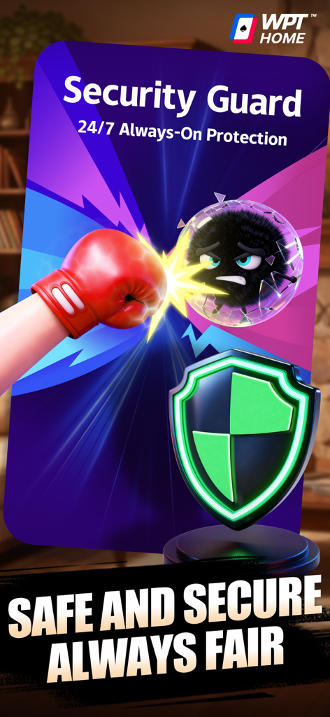 WPT HOME - Holdem game - WPT HOME Holdem game security guard feature showing 24/7 protection for safe and fair play