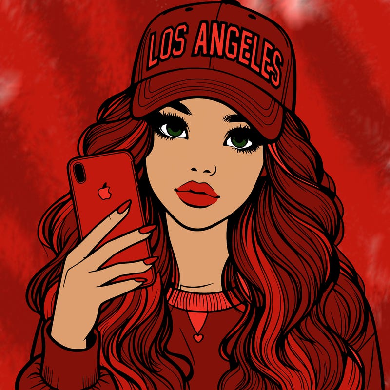 realistic beautiful girl wearing los ángeles cap holding an iphone