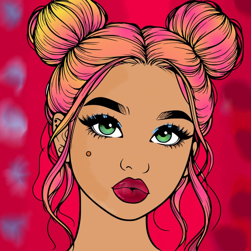 realistic girl with two buns on her hair and lips