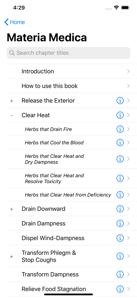 Eastland Herb–Chinese Medicine - Elenco di capitoli nella sezione Materia Medica dell'app Eastland Herb che mostra categorie di erbe come 'Purificare il Calore' e 'Drenare l'Umidità'