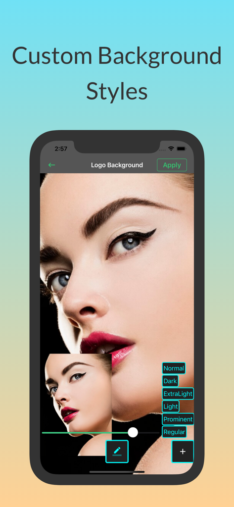 Mobile app interface showing various custom background style options for adding a watermark logo to a portrait photo.