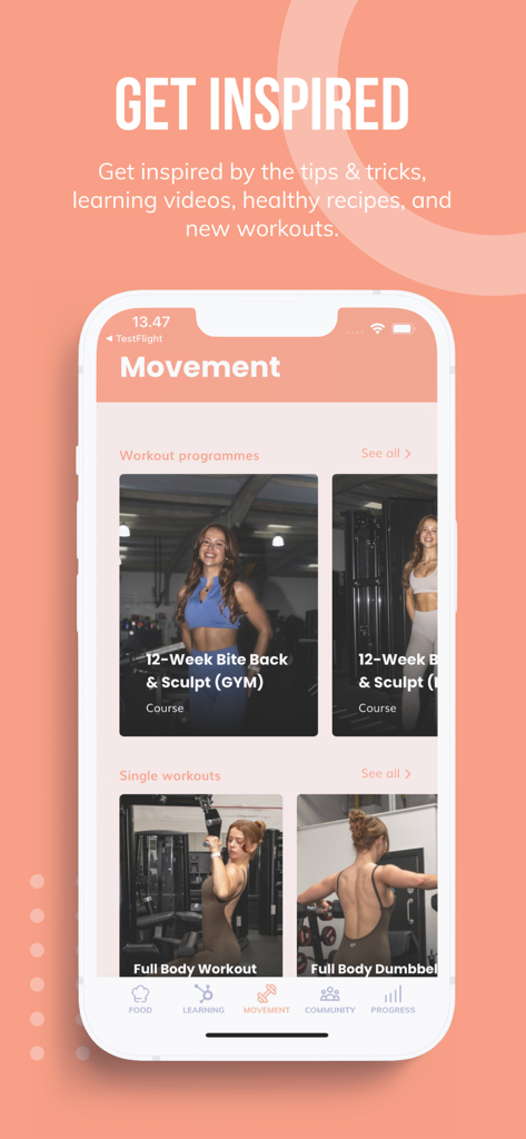Bite Back With Liz app Movement screen showing workout programs and video demonstrations