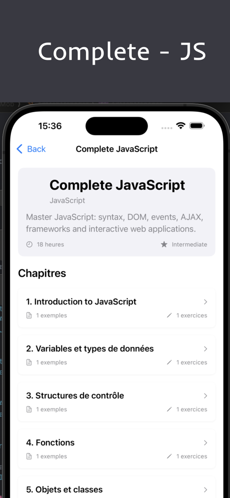 Mobile app interface showing a list of chapters for a complete JavaScript programming course