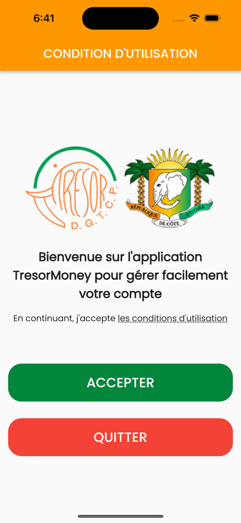 Welcome screen and terms of use of the Tresor Money app featuring the Ivorian Treasury logo.