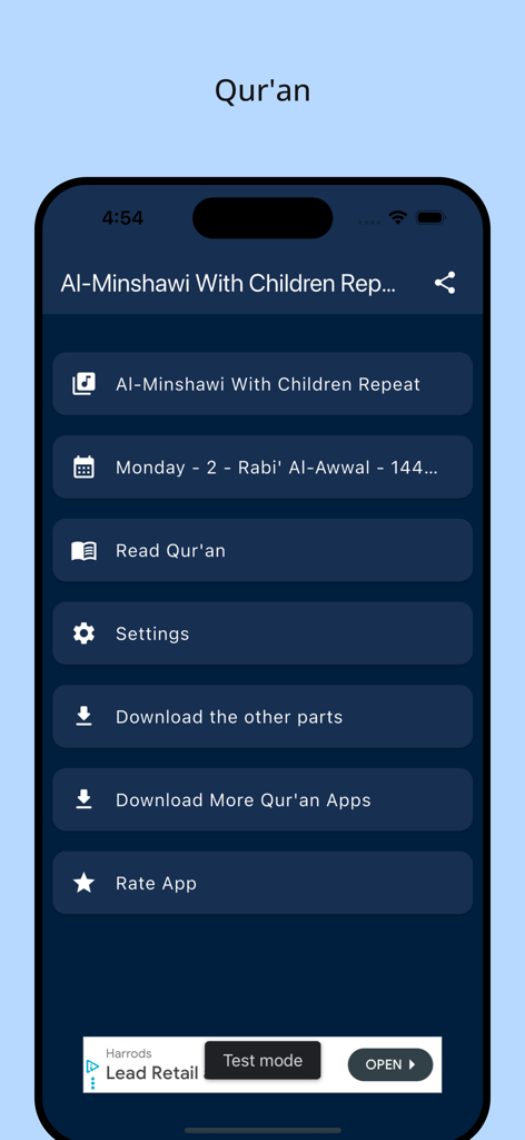 Main menu of Al-Minshawi With Children Quran app with educational and calendar features.