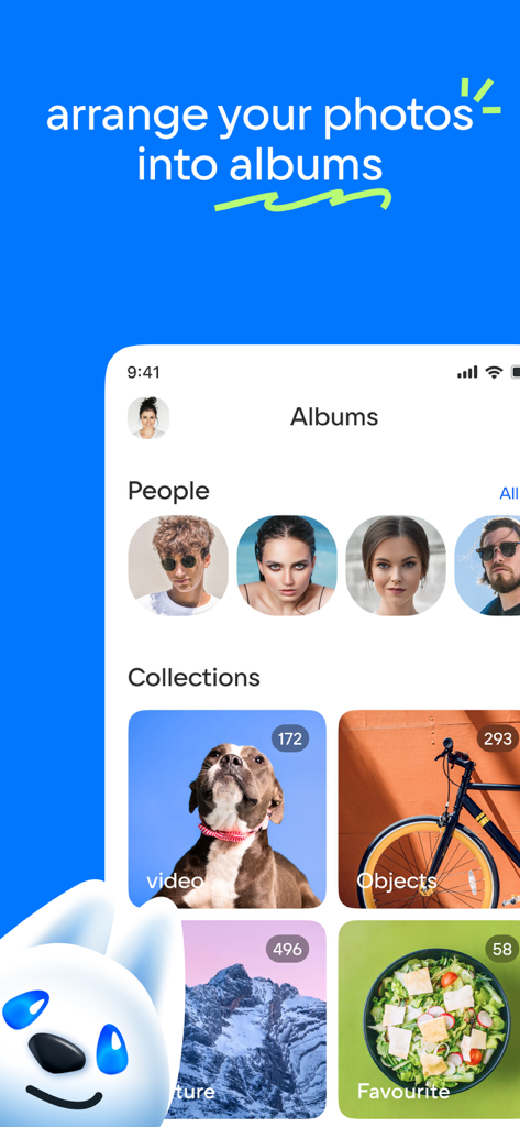 Mobile app interface showing photo albums organized by people and collections such as pets and nature