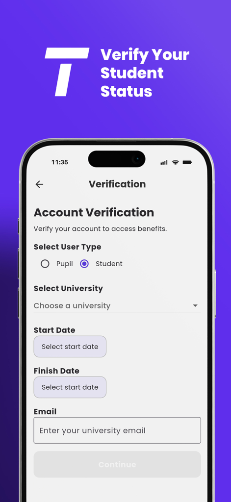 Tolaab - Pantalla de verificación de cuenta de la aplicación Tolaab para que los estudiantes accedan a beneficios y descuentos exclusivos.