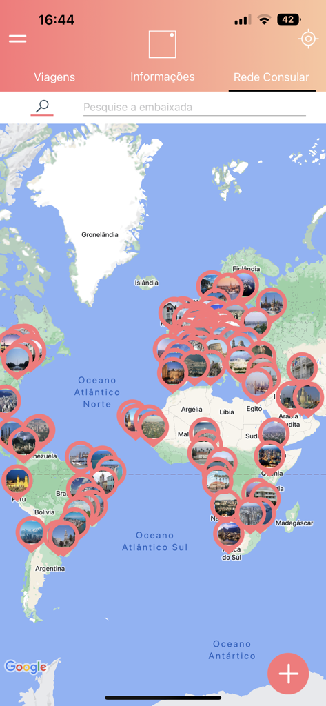 Carte du monde montrant les emplacements du réseau consulaire portugais dans l'application Registo Viajante