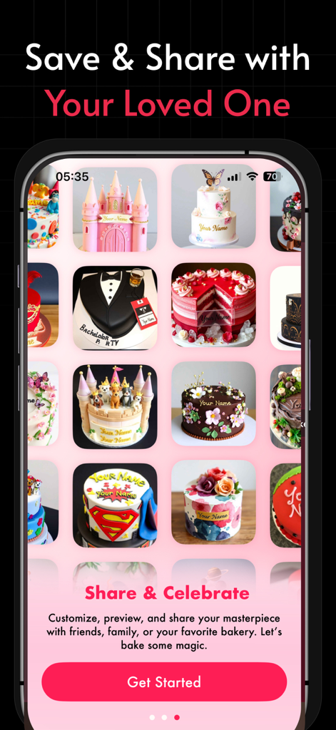 AI CakeMaker - Name on Cake - A mobile app interface displaying a grid of various custom AI-generated cake designs with personalized names and sharing options