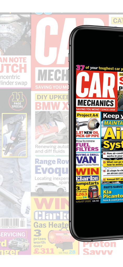 Smartphone screen showing the Car Mechanics Magazine cover with DIY auto repair guides