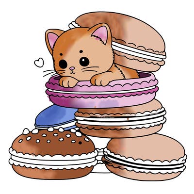 a kitten popping out of a stack of pastel macarons