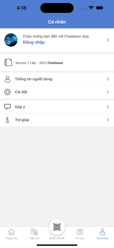 Chailease App - Benutzerprofil-Oberfläche der Chailease App mit Kontoeinstellungen und Menüoptionen auf Vietnamesisch