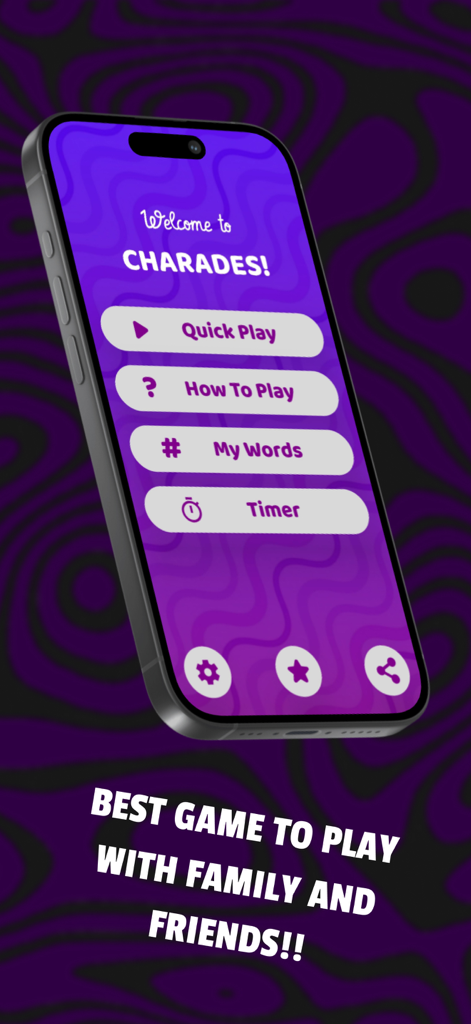 Charades: Guess the Word Game - Smartphone screen showing the main menu of Charades Guess the Word Game with options for Quick Play, How To Play, My Words, and Timer.