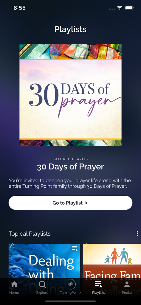 Playlists screen of the Turning Point Ministries app featuring a 30 Days of Prayer study
