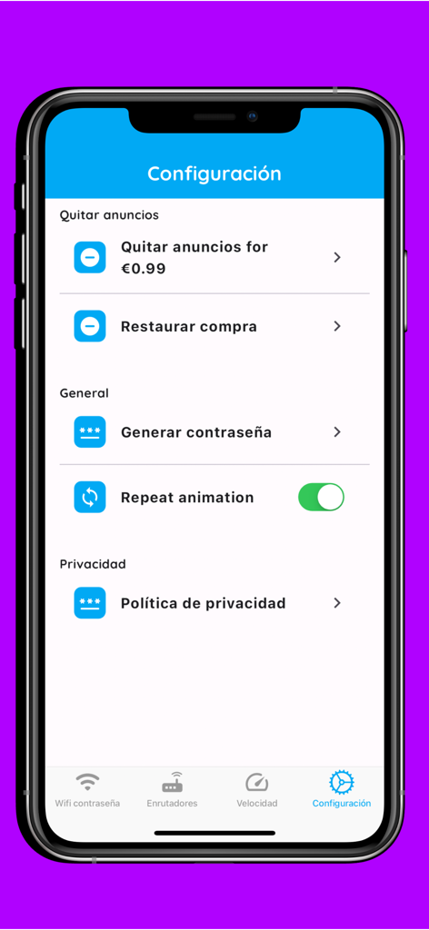 Settings menu interface for the Wifi Password and Speed check application showing configuration options.