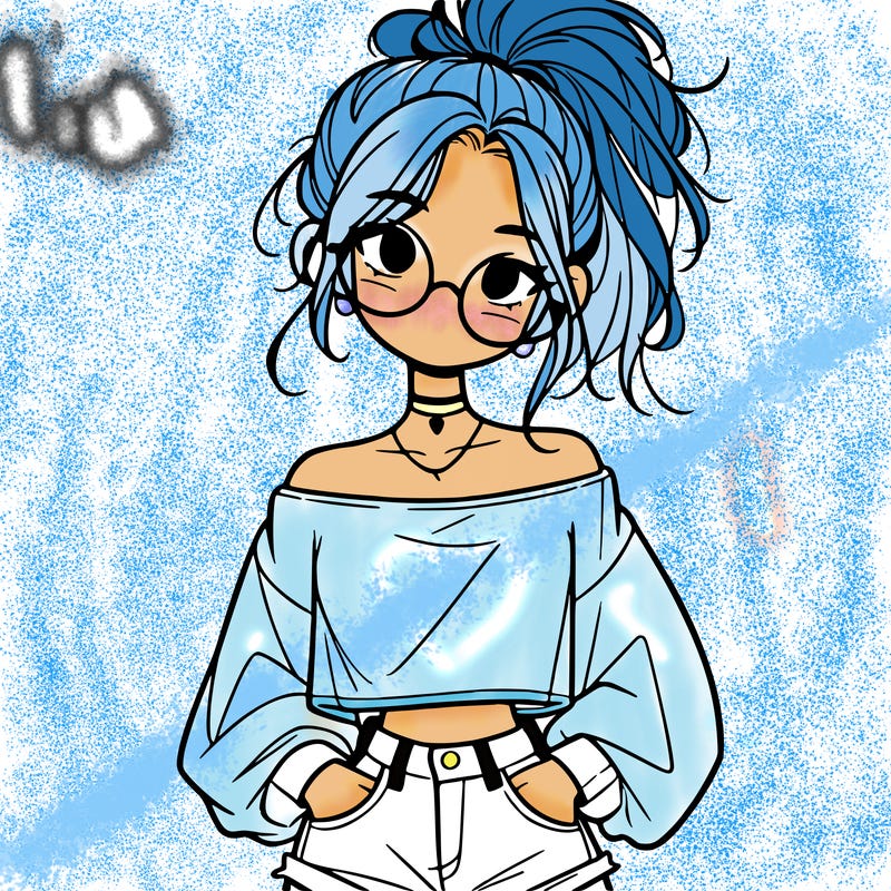 girl with a messy ponytail glasses a baggy crop top and jean shorts