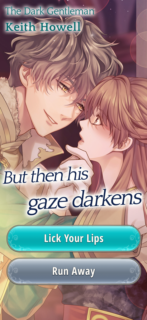 Eine romantische Anime-Szene in Ikemen Prince mit dem Charakter Keith Howell und interaktiven Story-Auswahlen