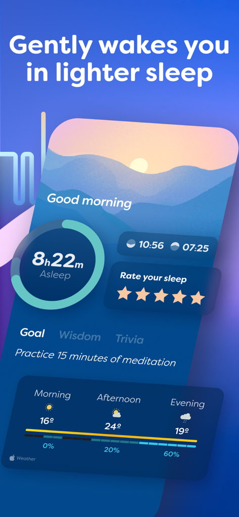 Sleepwave: Alarm & Tracker - Sleepwave app morning dashboard showing sleep duration and daily meditation goal