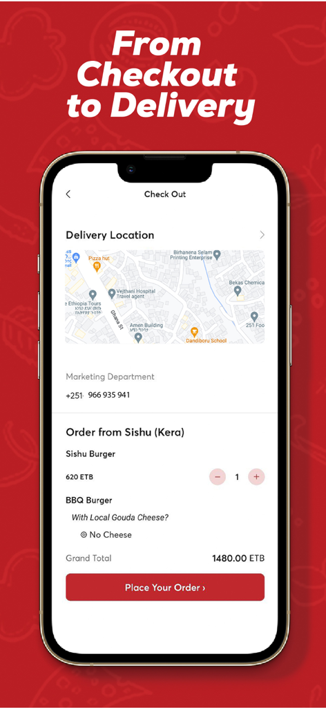 Deliver Addis - Checkout screen of Deliver Addis app showing a delivery map and order summary for food in Ethiopia