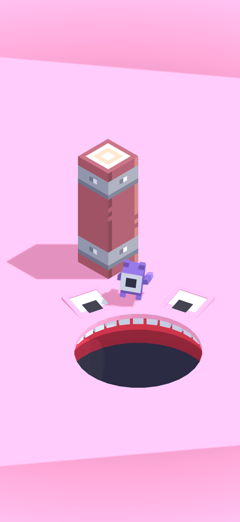 Gobble - Eat the World - A pink scene from the game Gobble showing a large mouth in the ground next to a small purple character and a tall pillar
