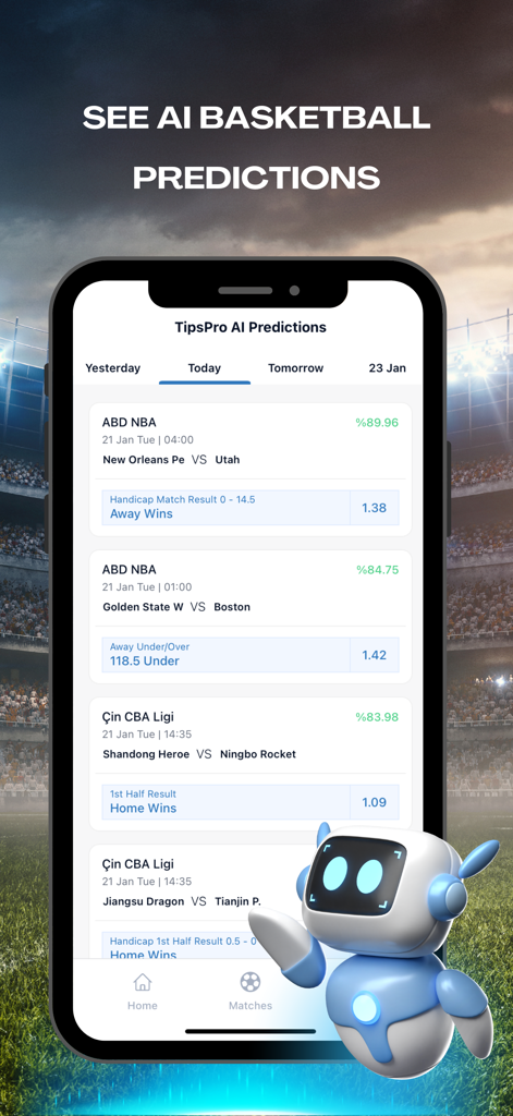 TipsPro AI: Match Prediction - Smartphone screen displaying AI powered basketball match predictions and betting odds for NBA and CBA leagues