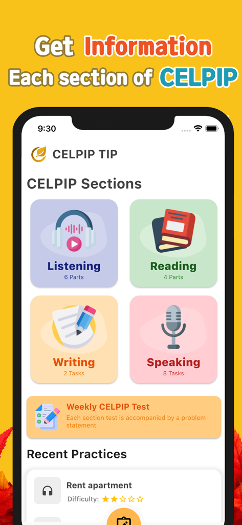 CELPIP-TIP - Interface de l'application CELPIP-TIP montrant les sections d'entraînement de compréhension orale, de lecture, d'écriture et d'expression orale