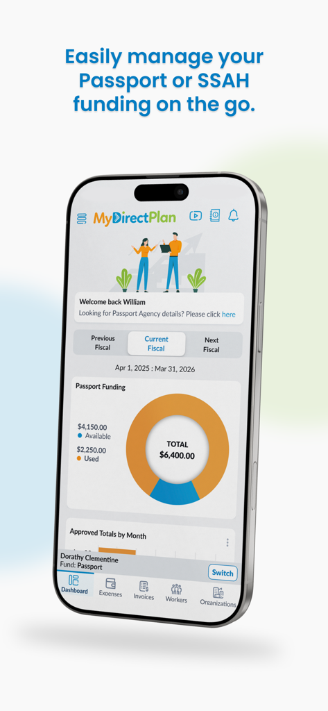 MyDirectPlan - MyDirectPlanモバイルアプリのダッシュボード。パスポート資金の概要と、使用済みおよび利用可能な資金を示すドーナツチャートが表示されます。