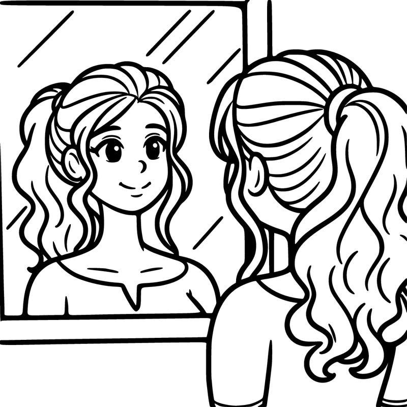 a woman looks at her reflection in the mirror