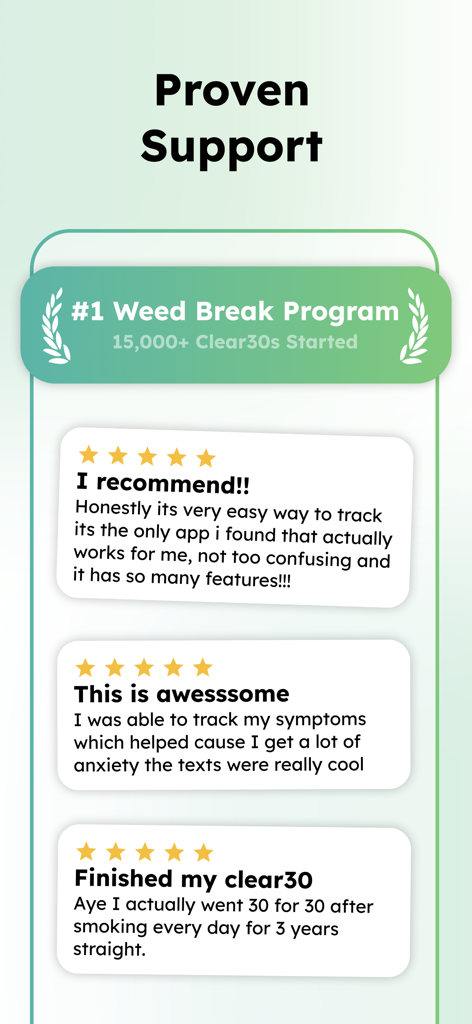 Clear30: Quit Smoking Weed - Clear30 app screen showing user testimonials and weed break program badge