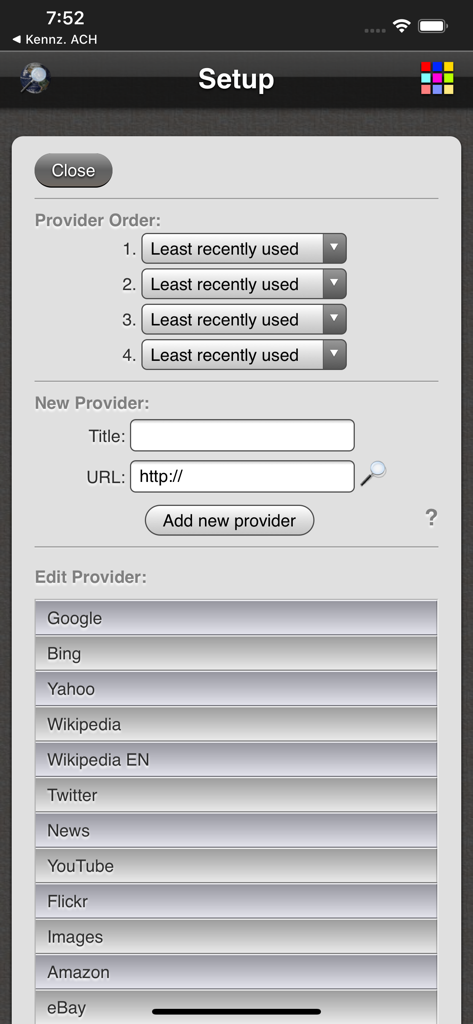 The setup screen of the Just Search app showing options to manage search providers and customize engine order.