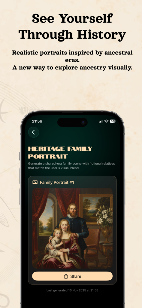 Portrait de famille historique généré par IA dans l'application Ancestor Lens.