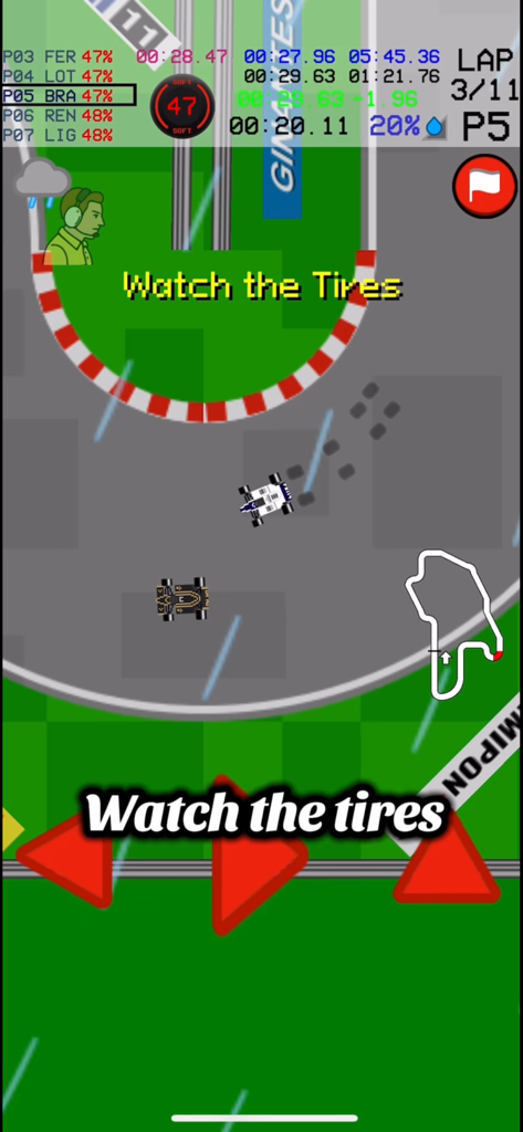 Jugabilidad de carreras retro cenital que muestra coches en una pista bajo la lluvia con el estado de desgaste de los neumáticos