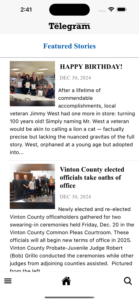 The Telegram news app interface displaying featured local stories for Jackson and Vinton County