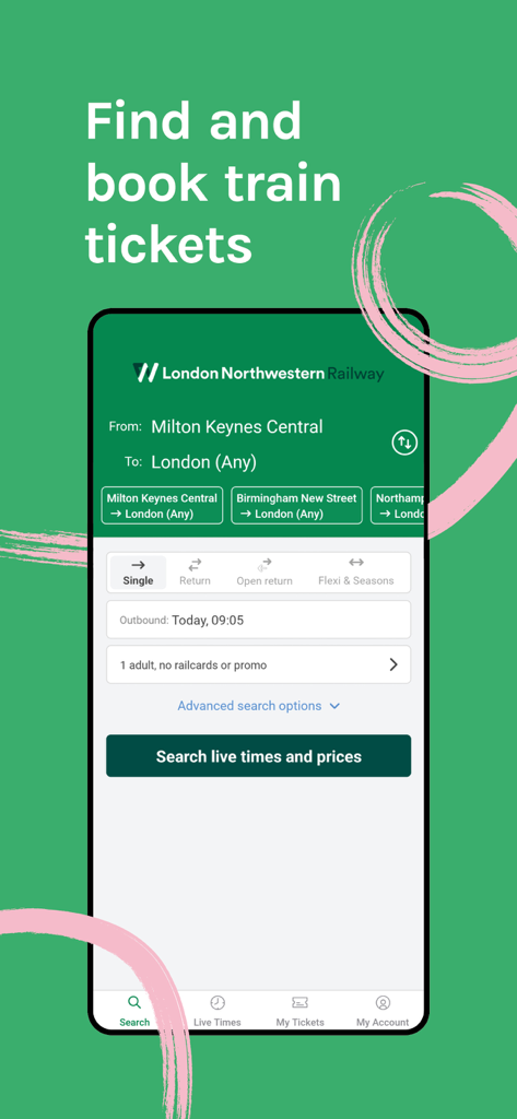 Suchbildschirm der mobilen App London Northwestern Railway für Zugtickets und Live-Fahrzeiten