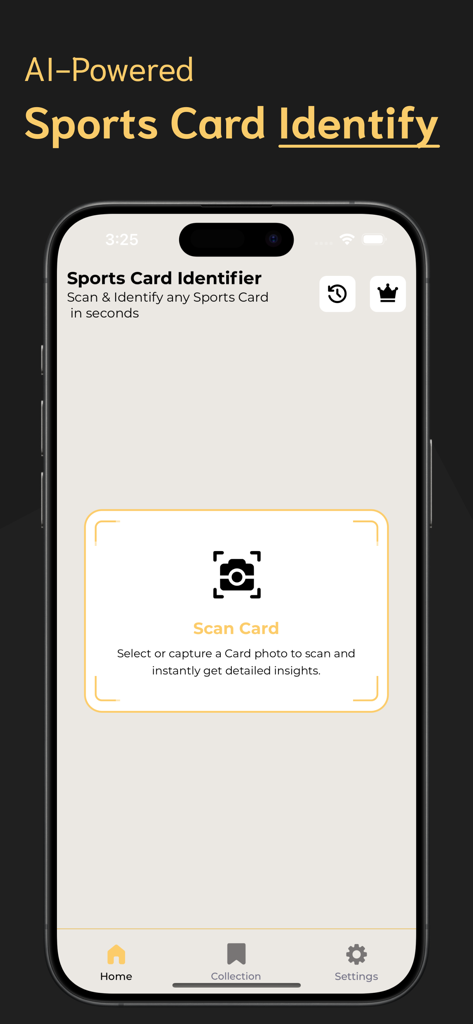 Sports Card Scanner - SC - Home screen of the Sports Card Scanner app featuring an AI-powered identification tool and a scan card button.