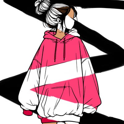 realistic girl with a oversized sweatshirt on and a bun