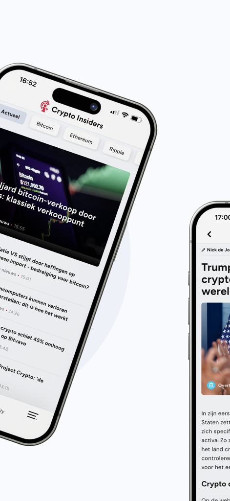 Crypto Insidersモバイルアプリのインターフェースに、ビットコインとEthereumのオランダの暗号通貨ニュース記事と市場カテゴリが表示されている。